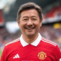 一位中年男性球迷的肖像照，面带微笑穿着曼联球衣